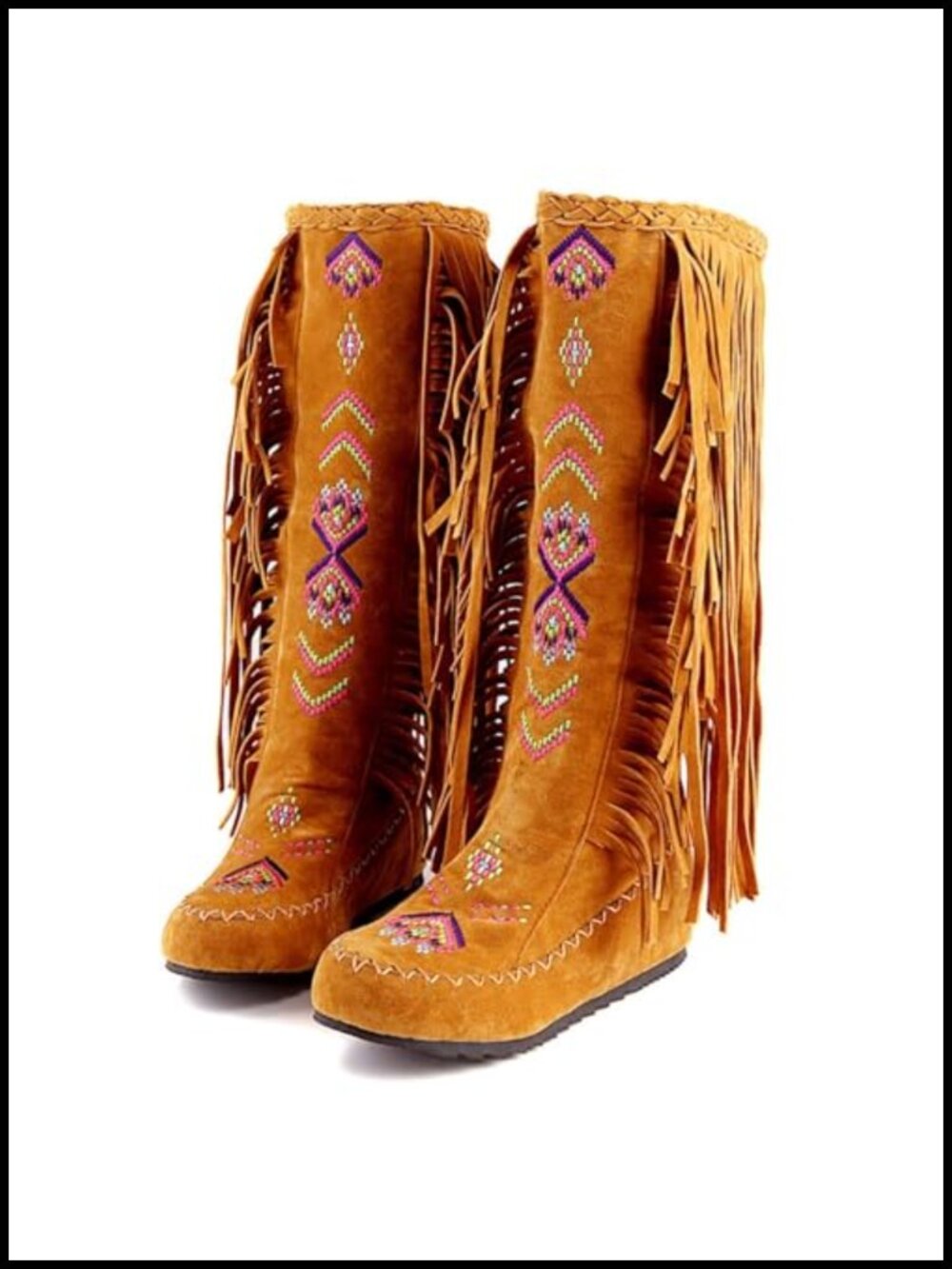 Faux Leather Fringe Cowgirl Boots Mid Calf Western Embroidered